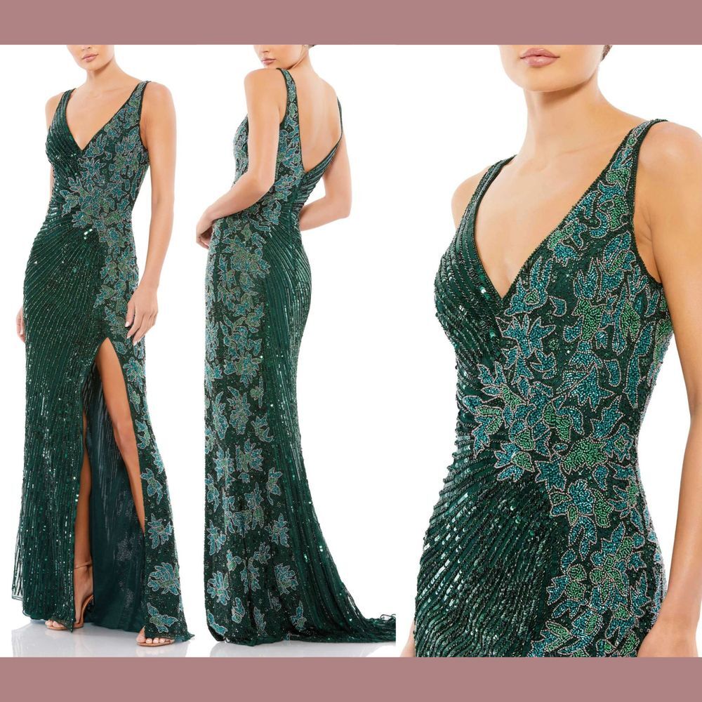 NWT $598 Mac Duggal [ 4 ] 5473 V Neck Beaded Floral Sleeveless Gown Green #S1237